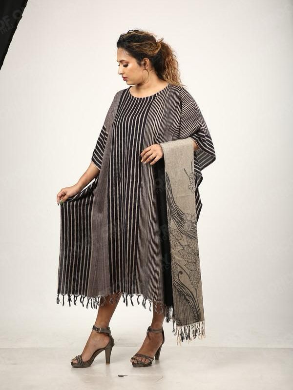 Monochrome Handloom Kaftan Dress with Statement Shawl