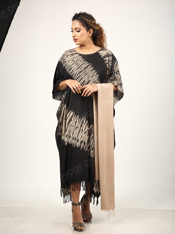 Ebony Tie-Dye Kaftan Dress with Beige Jacquard Shawl