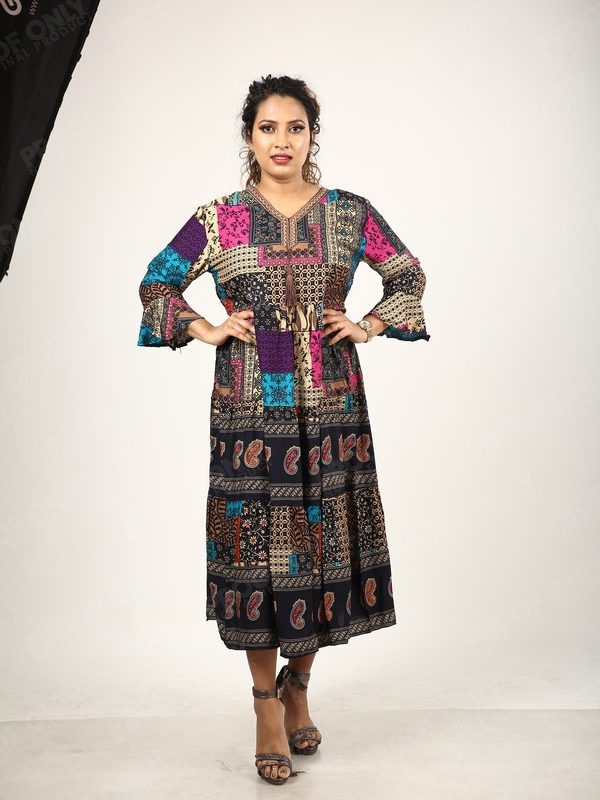 Retro style patchwork printed maxi dress