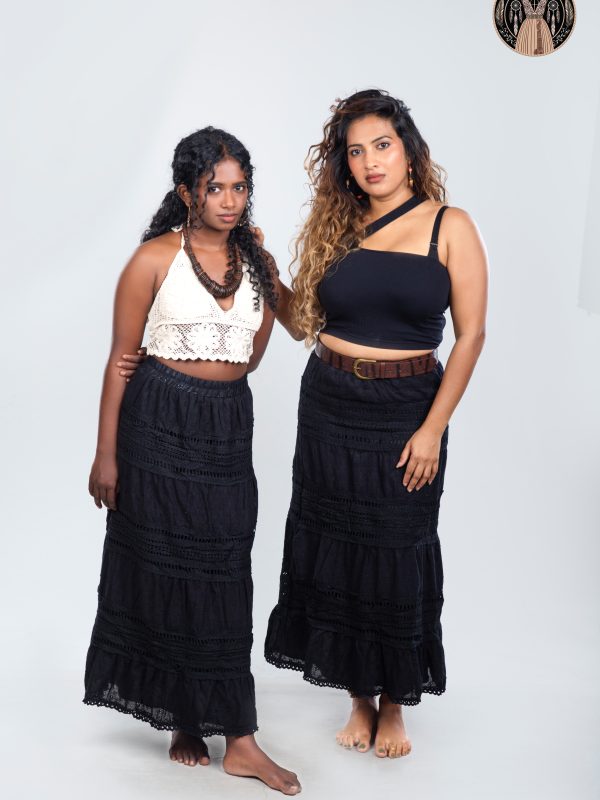Boheme Boho Tiered Maxi Skirt – Black Lace Detail Long Skirt for Women