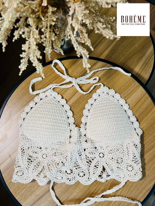 Handmade White Crochet Bralette Top – Boho Lace Halter Crop Top
