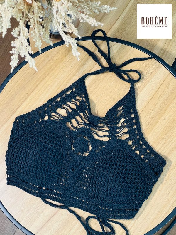 Black Boho Crochet Halter Top – Handmade Lace Bralette