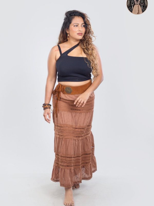 Boheme Boho Tiered Maxi Skirt – Brown Lace Detail Long Skirt for Women