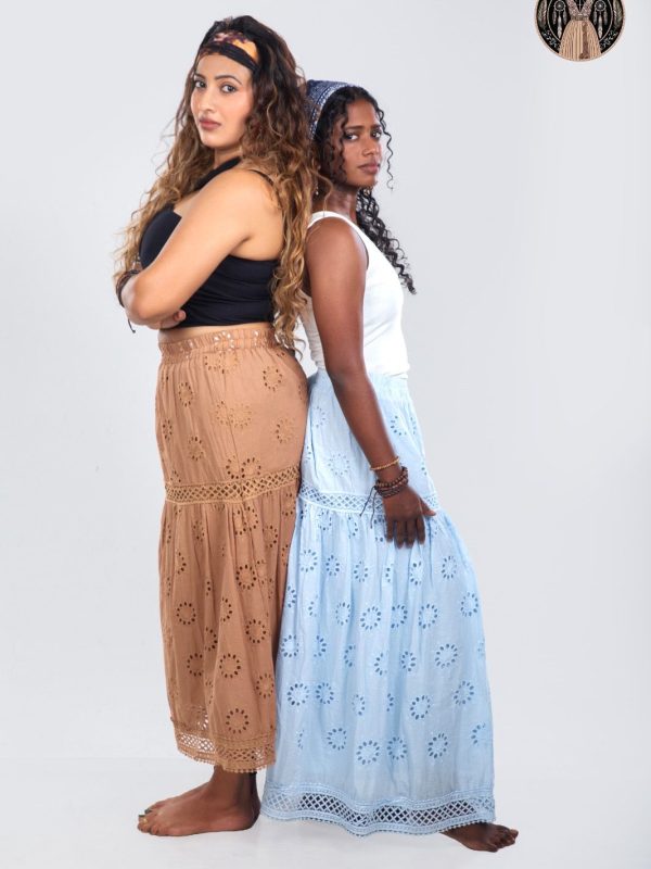 Boheme Boho Tiered Maxi Skirt – Blue Lace Detail Long Skirt for Women