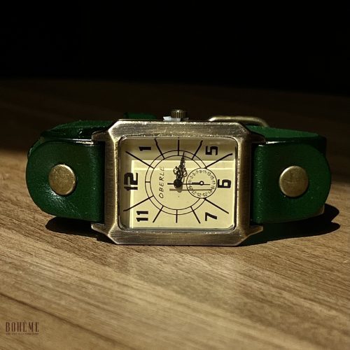 Vintage Square Dial Green Leather Strap Watch – Retro Quartz Wrist