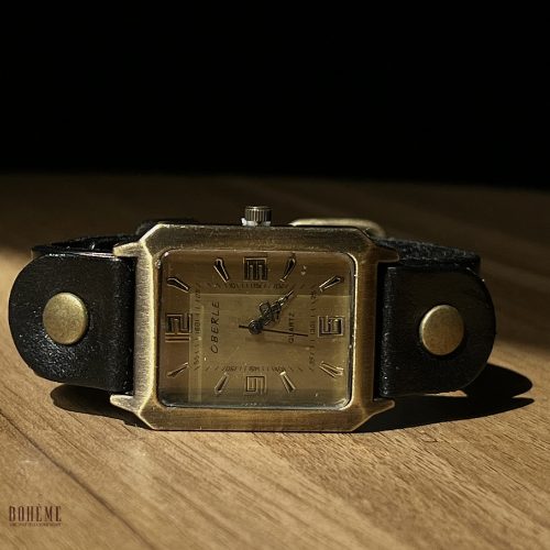 Vintage Bronze Square Watch with Black Leather Strap – Retro Quartz Wrist Watch