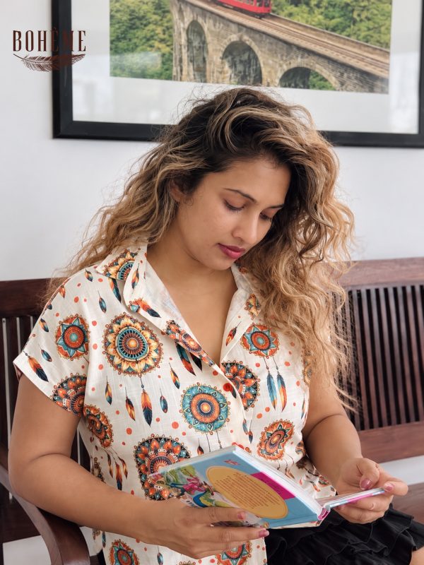 Women’s Printed Collared Shirt Blouse – Colorful Mandala Feather Print Casual Top