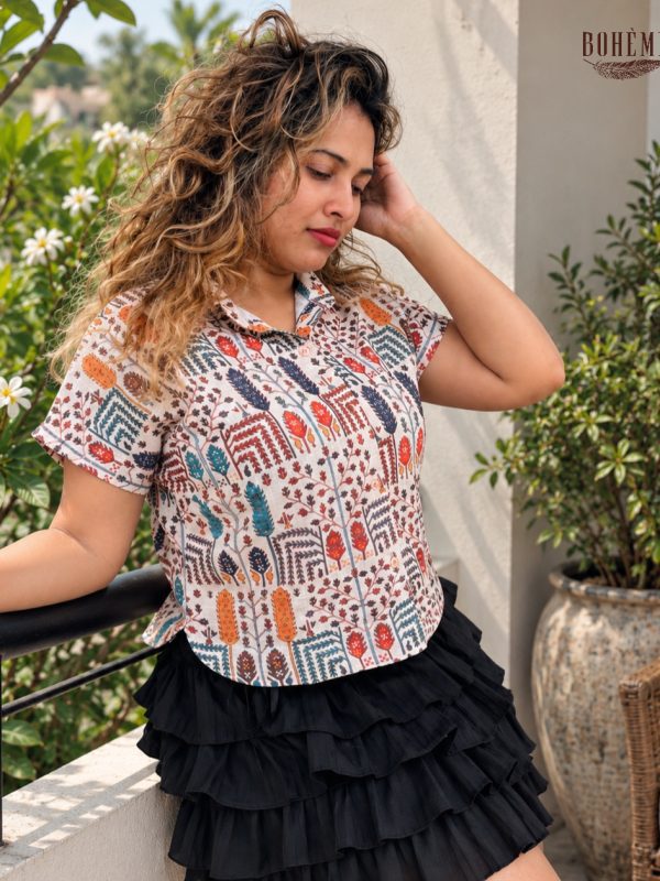Women's Printed Collared Shirt Blouse – Multicolour Casual Top